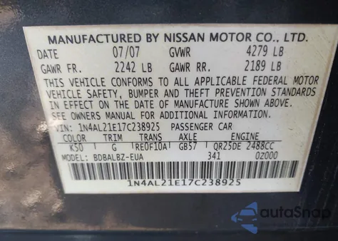 2007 Nissan Altima 2.5 S from USA, damaged, VIN 1N4AL21E17C238925